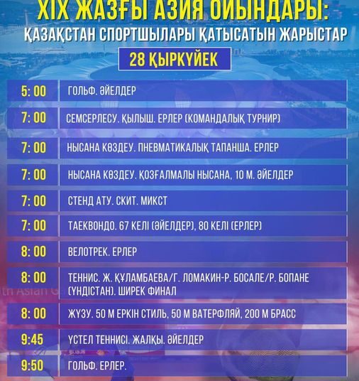XIX ЖАЗҒЫ АЗИЯ ОЙЫНДАРЫ: ҚАЗАҚСТАН СПОРТШЫЛАРЫ ҚАТЫСАТЫН ЖАРЫСТАР 📌 28 ҚЫРКҮЙЕК